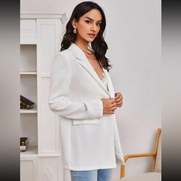 SHEIN Privé Peak Collar Flap Detail Solid Blazer New - Picture 3 of 13